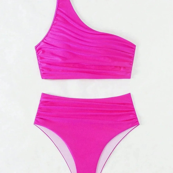 Hot Pink Elegant Women's Beach One Shoulder Sleeveless Bikini Set - Picture 3 of 7